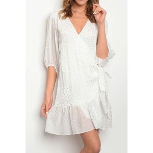 White Silver Dots Ruffle Hem Wrap Dress